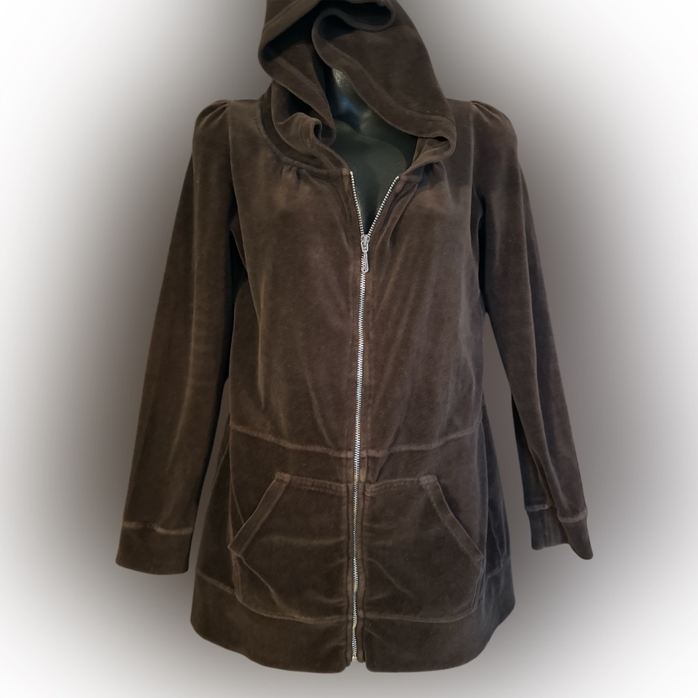 Y2K vintage Juicy Couture LONG Chocolate Brown Velour Hooded Jacket